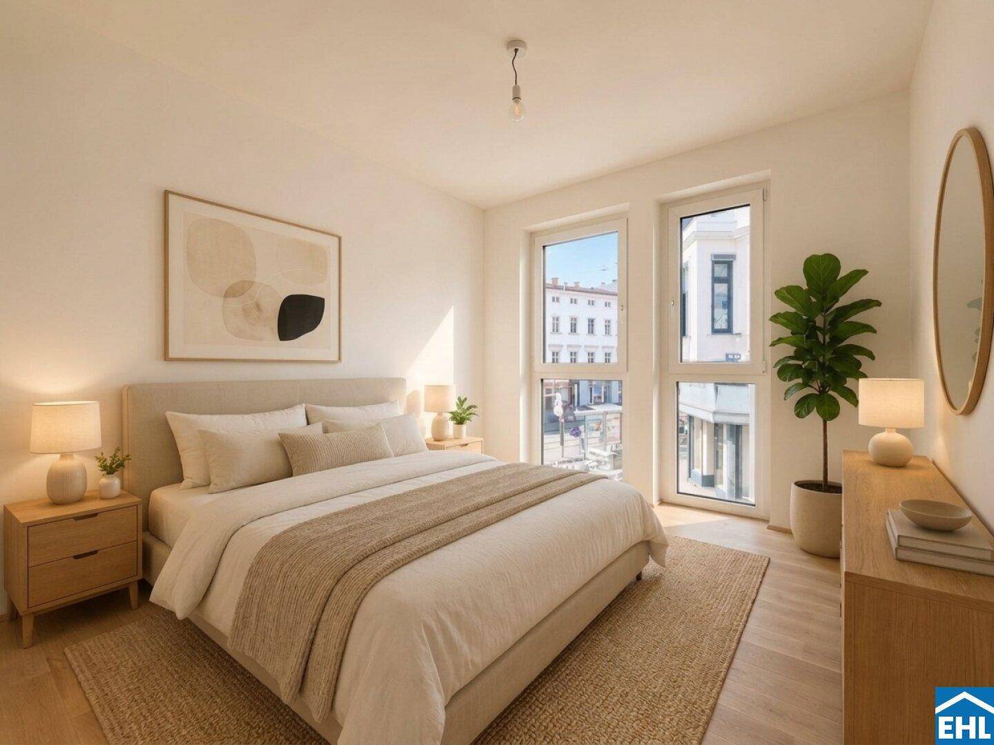 Helles Schlafzimmer mit Doppelbett, Holzboden und großen Fenstern mit Stadtblick.