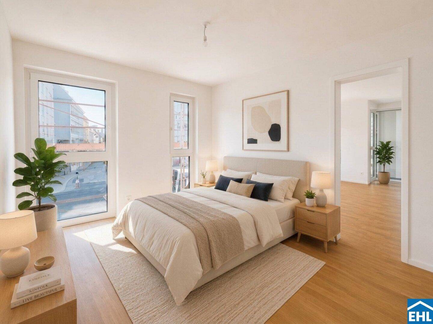 Gemütliches Schlafzimmer mit moderner Einrichtung und viel natürlichem Lichteinfall.