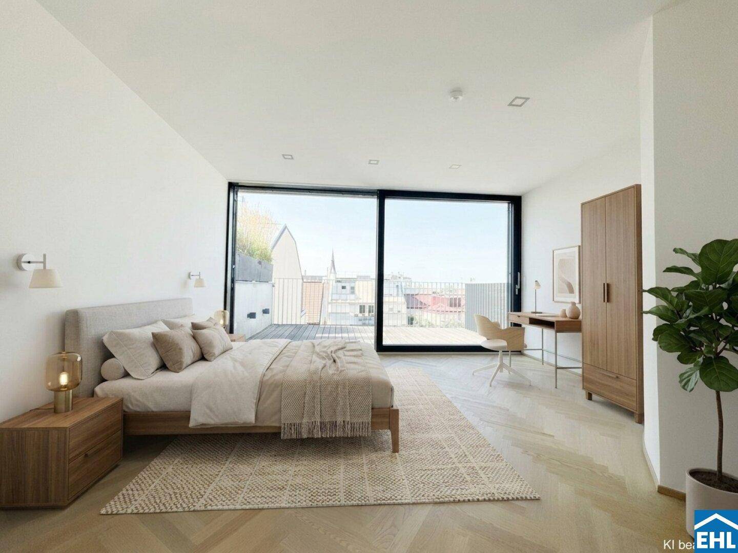 Helles Schlafzimmer mit direktem Zugang zur Terrasse, modernen Holzmöbeln und Fischgrätparkettboden.