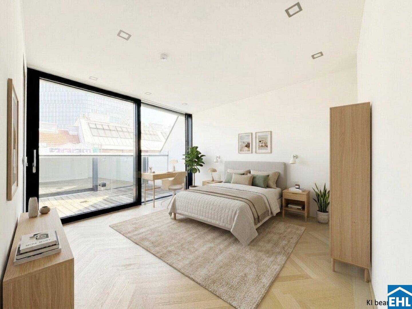 Geräumiges Schlafzimmer mit großen Glasfronten, die viel Tageslicht hereinlassen und Stadtblick bieten.