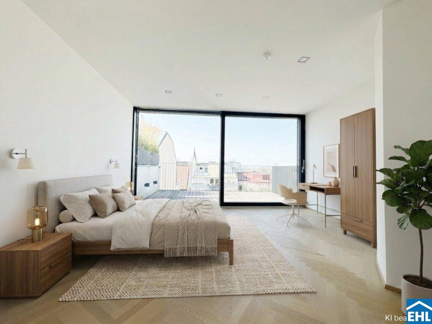 Helles Schlafzimmer mit großzügiger Glasfront und Zugang zur Außenterrasse.