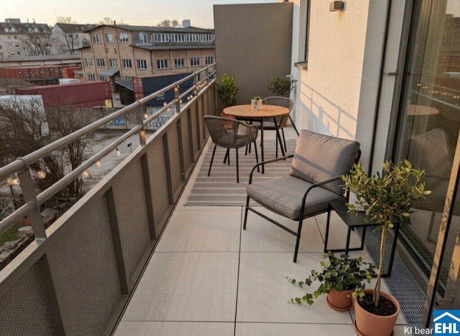 Balkon mit Sitzgelegenheiten und Blick auf die städtische Umgebung.