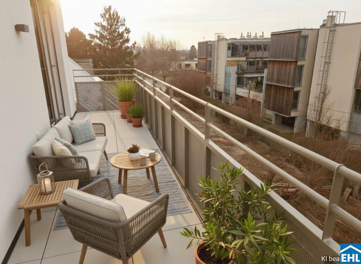 Geräumiger Balkon mit bequemen Loungemöbeln und weitem Blick ins Grüne.