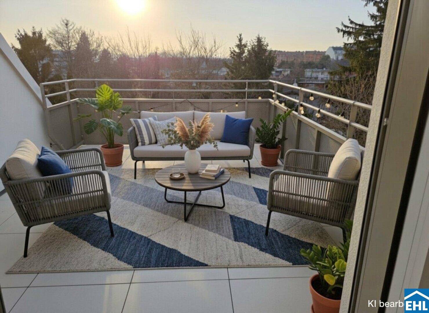 Gemütlicher Balkon mit bequemen Loungemöbeln, Pflanzen und stimmungsvoller Beleuchtung bei Sonnenuntergang.