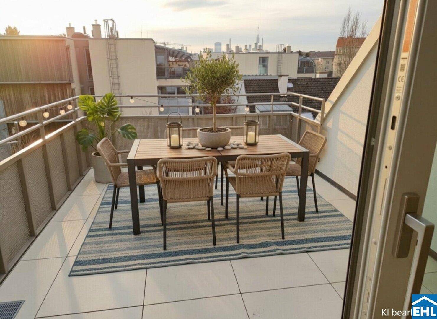 Geräumiger Balkon mit Esstisch, Stühlen und dekorativen Laternen, ideal für Mahlzeiten im Freien.