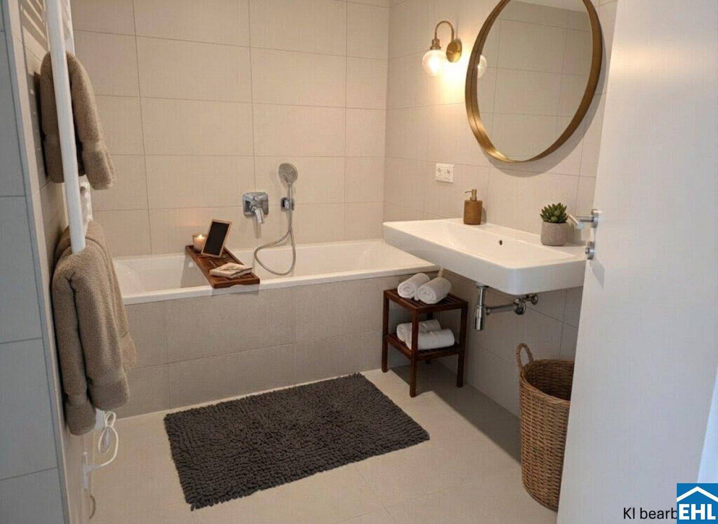 Modernes Badezimmer mit Badewanne, elegantem Waschbecken und beheiztem Handtuchhalter in hellen Fliesen.