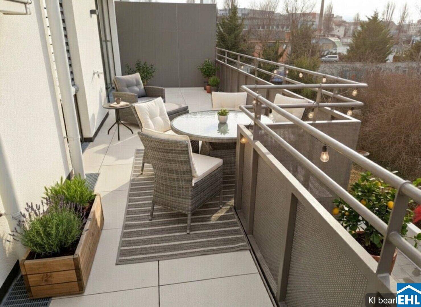 Großer Balkon mit Esstisch und Stühlen, umgeben von Pflanzen, ideal für Mahlzeiten im Freien mit Blick ins Grüne.
