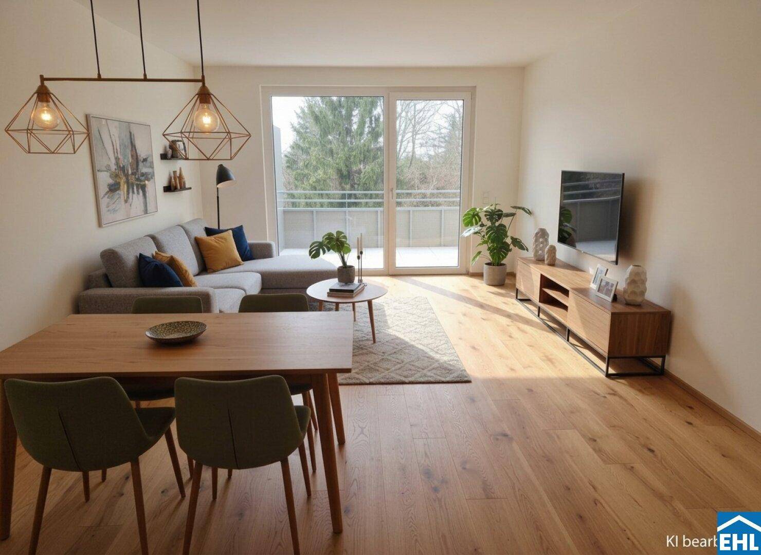Heller Wohn-Essbereich mit Eichenparkett, gemütlichem Sofa, Esstisch und Zugang zu einem Balkon.
