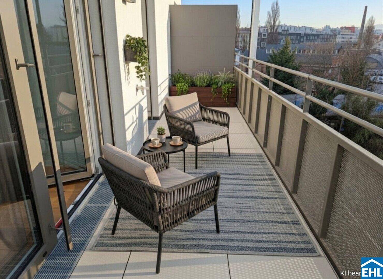 Langer Balkon mit bequemen Sitzmöbeln, Pflanzen und einem weiten Blick über die Umgebung.