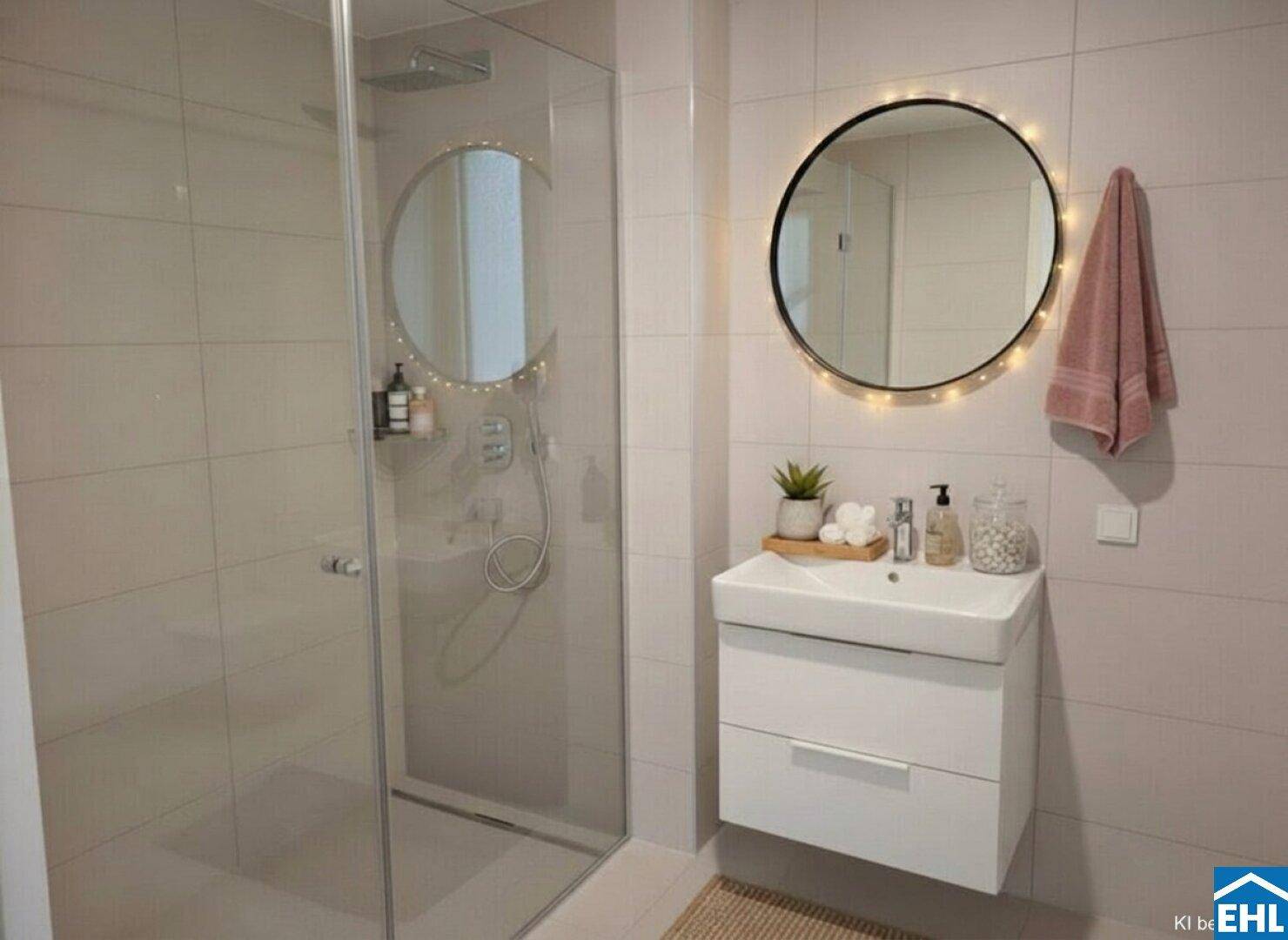 Modernes Badezimmer mit begehbarer Dusche, stilvollem Waschbecken und einem beleuchteten Rundspiegel.