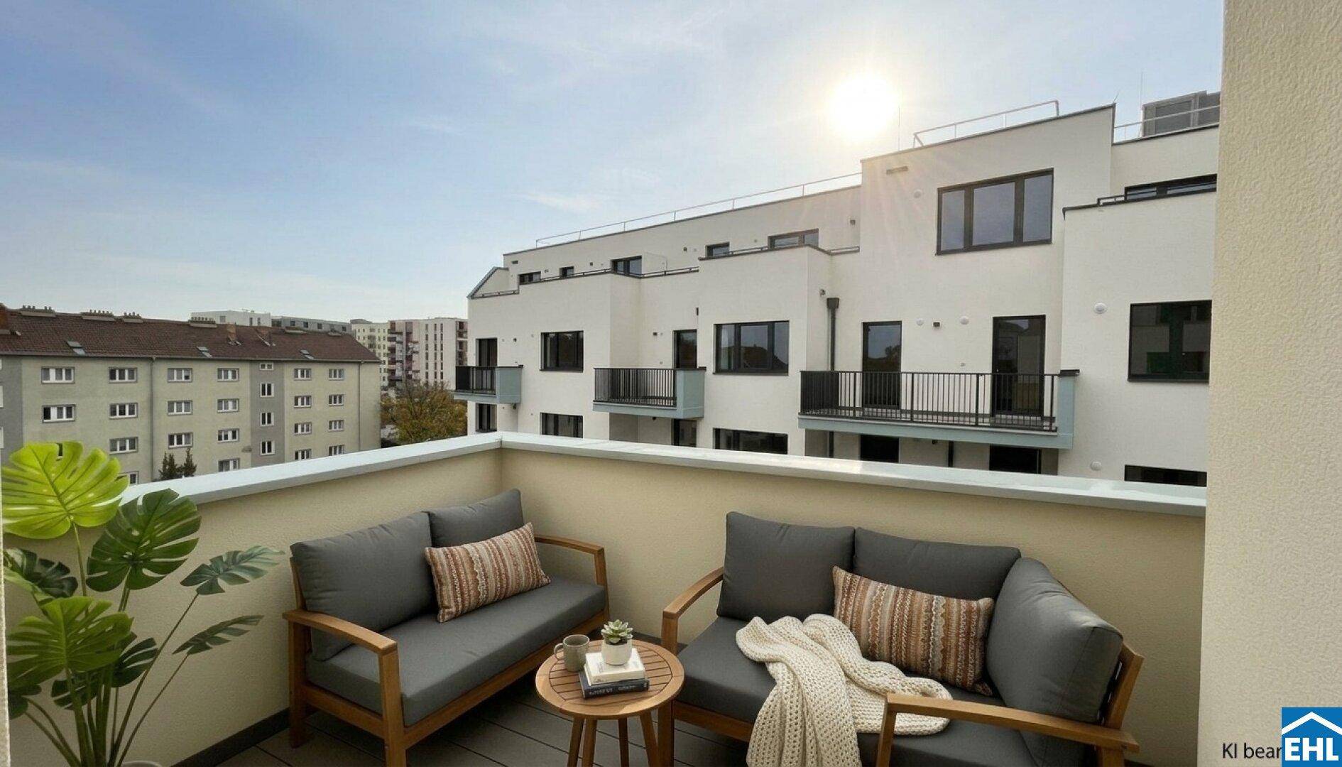 Sonniger Balkon mit bequemen Outdoor-Möbeln und Blick auf die umliegenden modernen Gebäude.