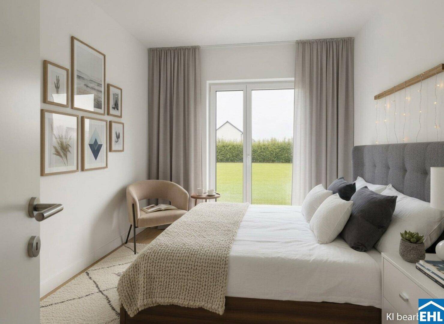 Helles Schlafzimmer mit Zugang zum Garten, modernem Bett und stilvoller Dekoration.