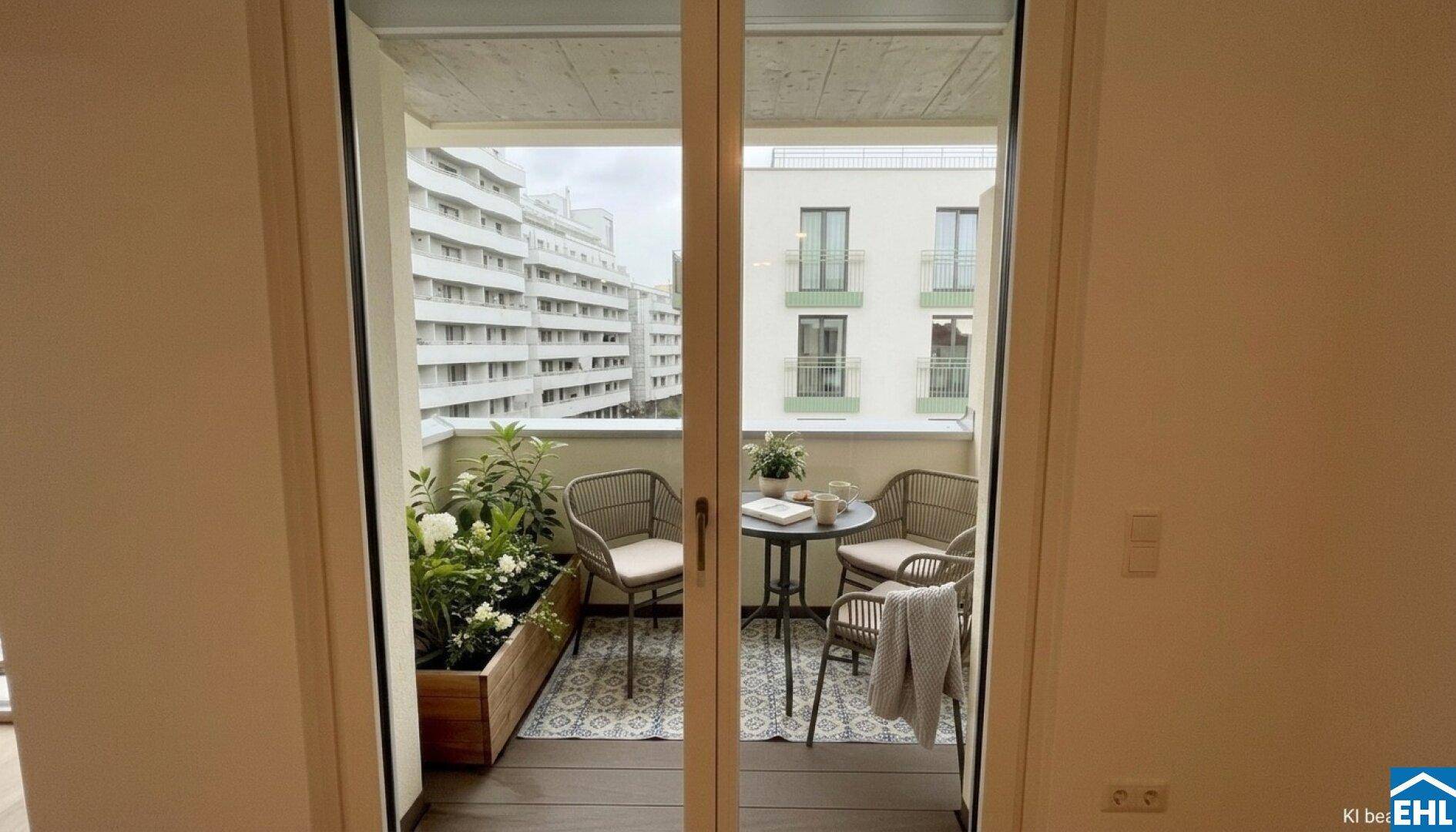 Gemütlicher Balkon mit Sitzgelegenheiten, Pflanzen und urbanem Ausblick.