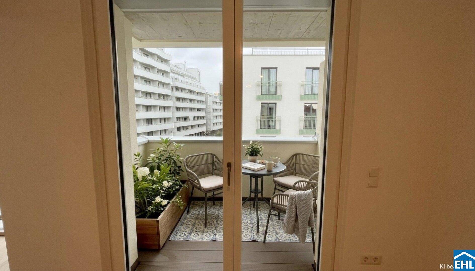 Gemütlicher Balkon mit Sitzgelegenheiten und Pflanzen, bietet einen Blick auf die umliegenden Gebäude.
