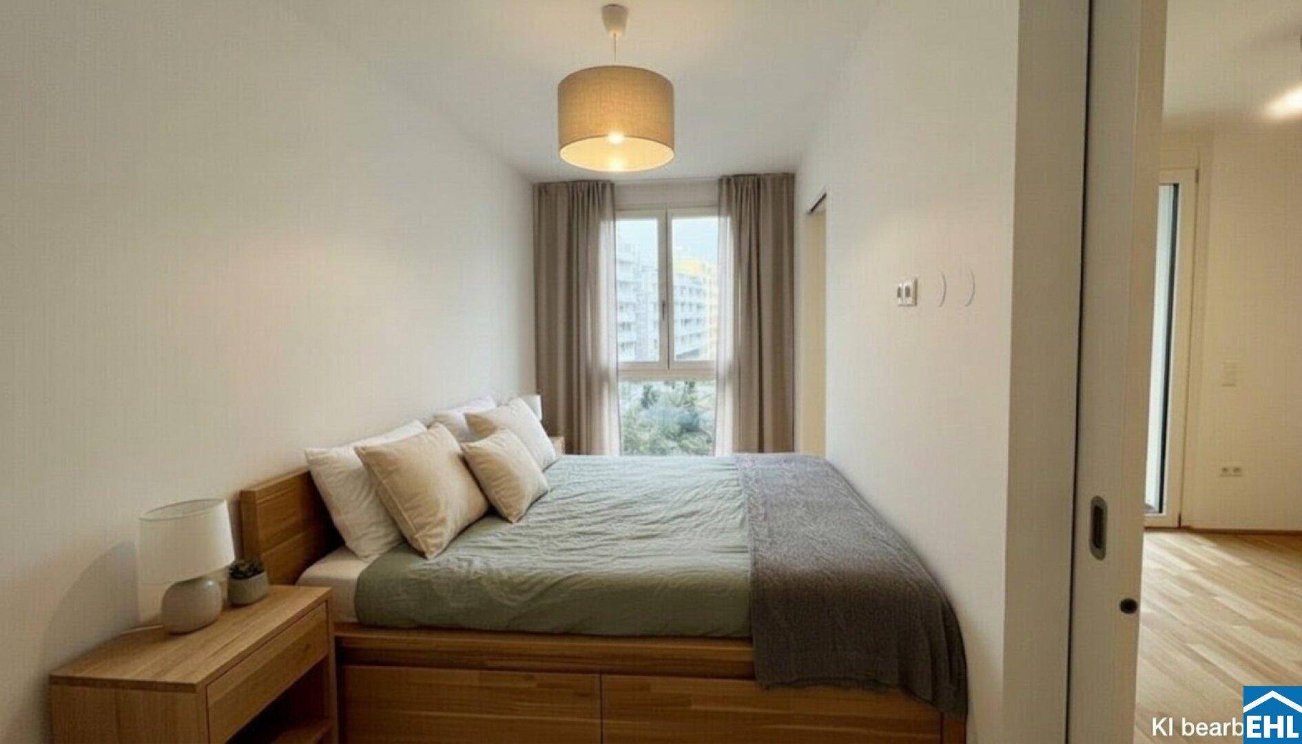 Helles Schlafzimmer mit modernem Holzbett, Nachttisch und Blick ins Grüne durch das Fenster.