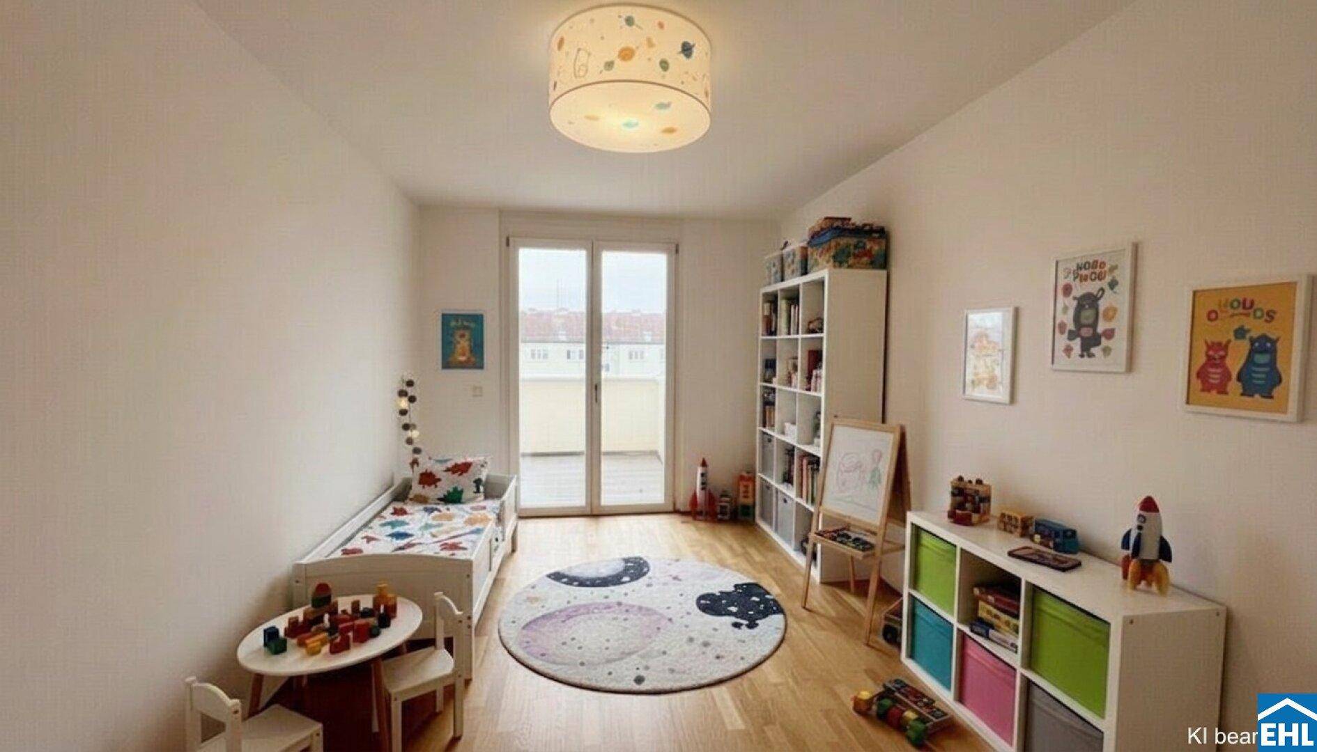 Kinderzimmer mit Holzboden, Spielzeug und direktem Zugang zu einem kleinen Balkon.