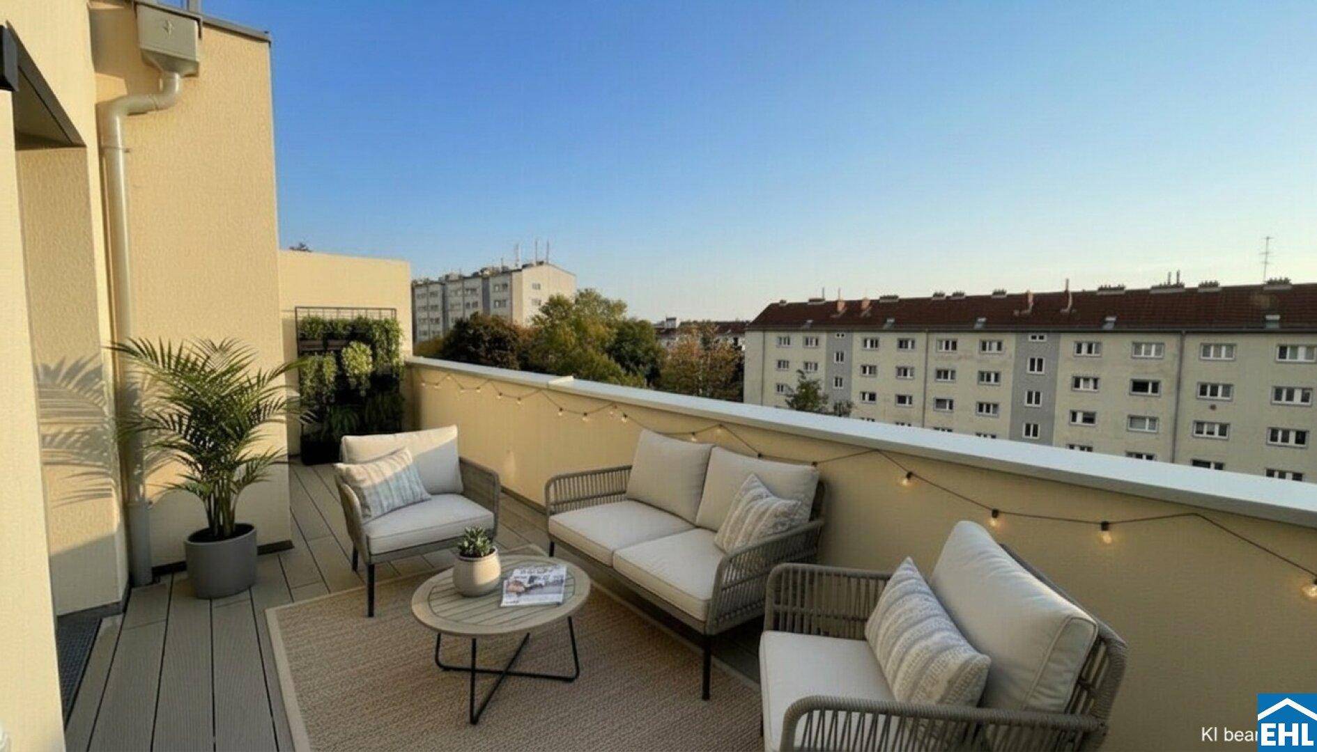 Möblierter Balkon mit bequemen Sitzgelegenheiten und Blick auf die umliegenden Gebäude.