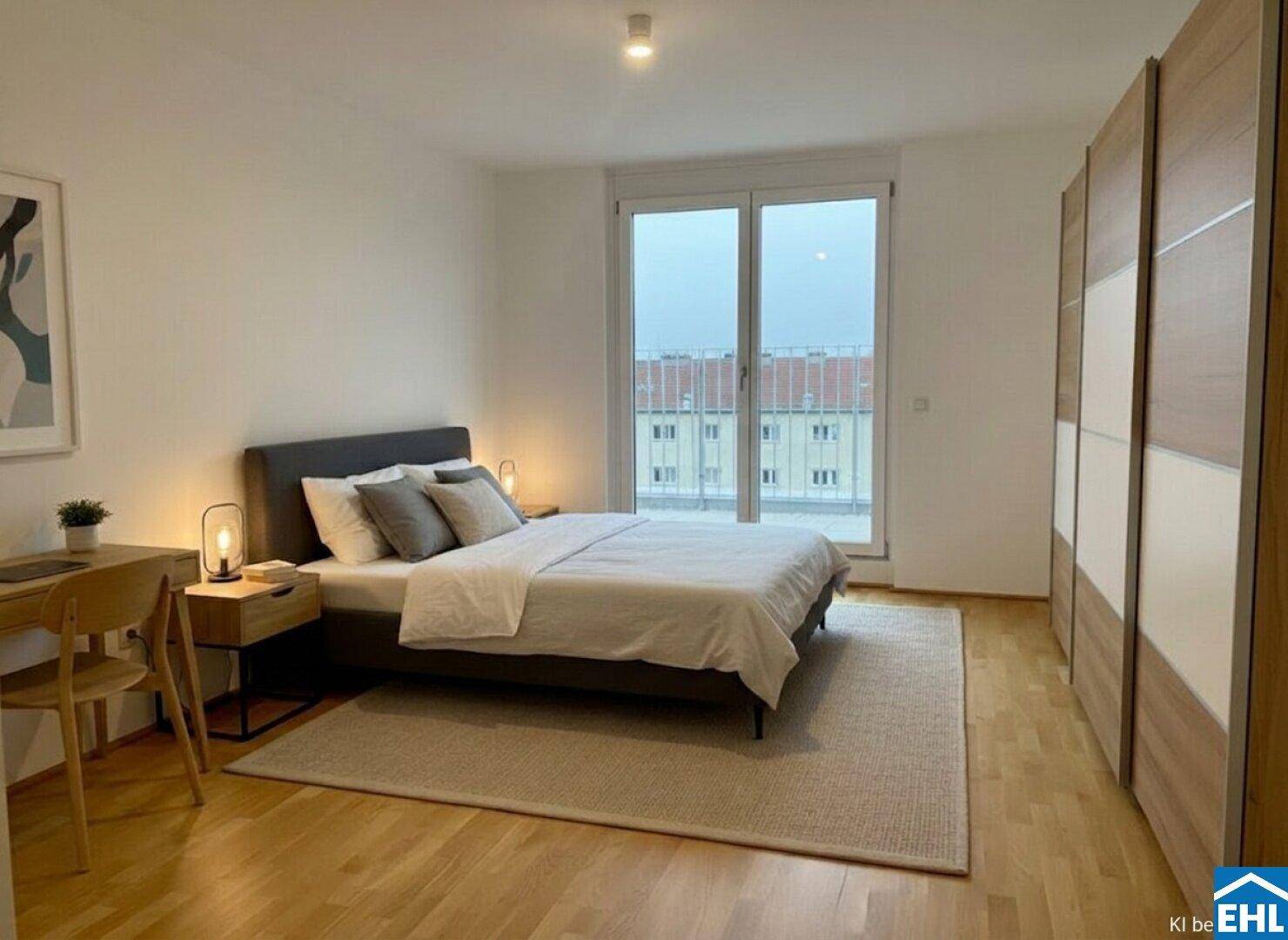 Helles Schlafzimmer mit Holzboden, großen Fenstern und einem modernen Einbauschrank, bietet viel Tageslicht.