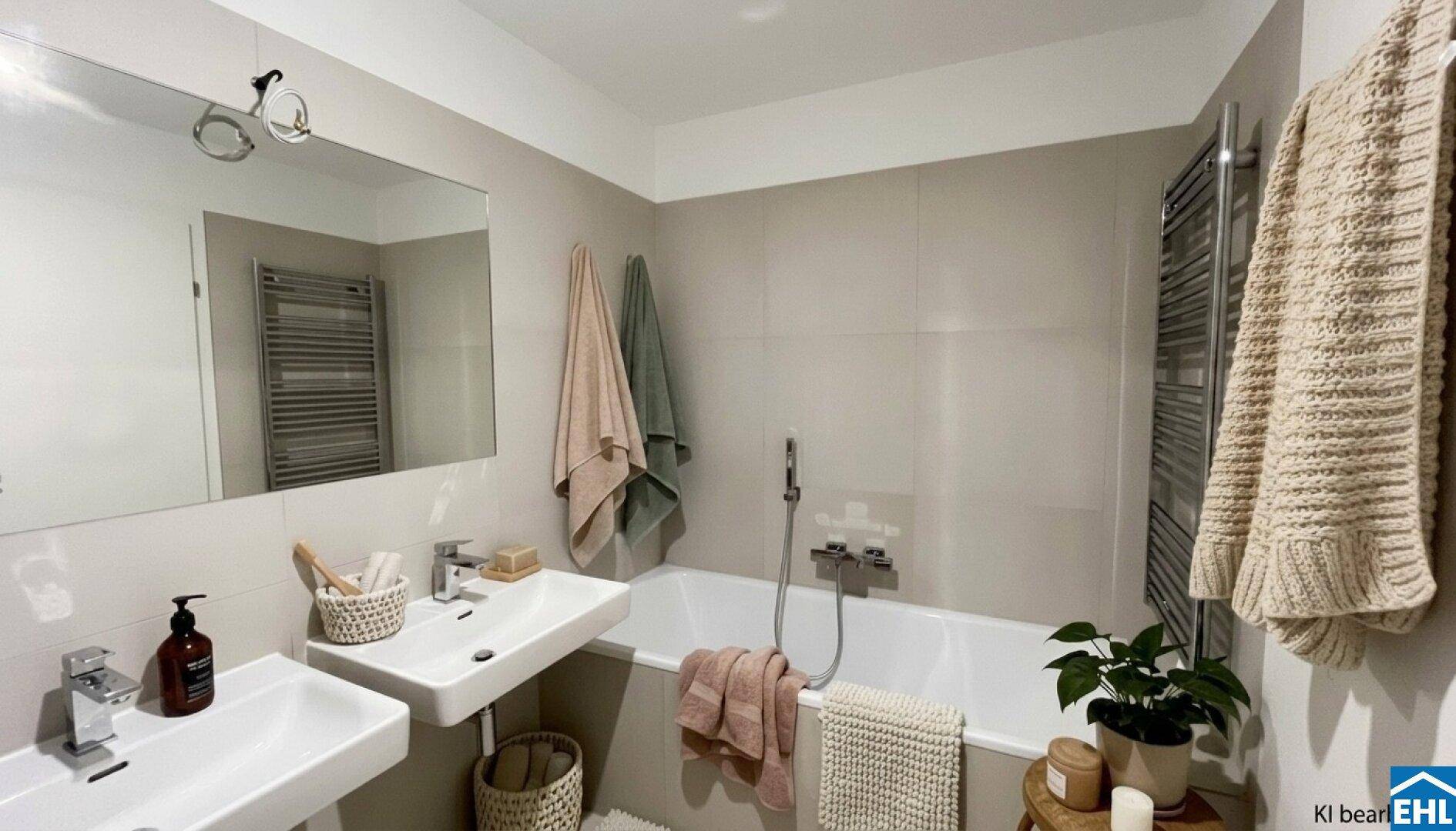 Modernes Badezimmer mit hellen Fliesen, zwei Waschbecken, Badewanne mit Duschfunktion und beheiztem Handtuchhalter.