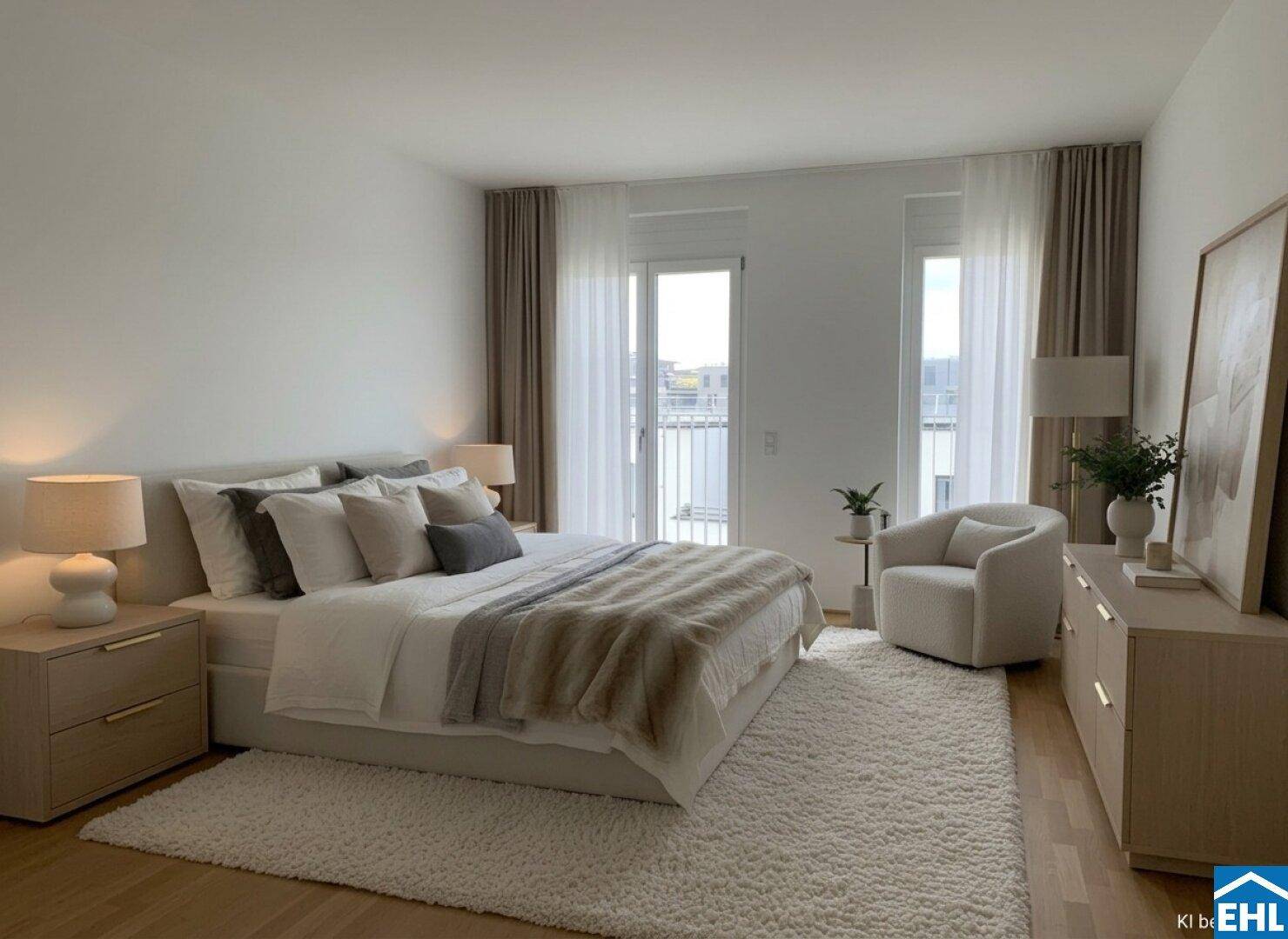 Gemütliches Schlafzimmer mit großem Bett, weichem Teppich und direktem Zugang zum Balkon.