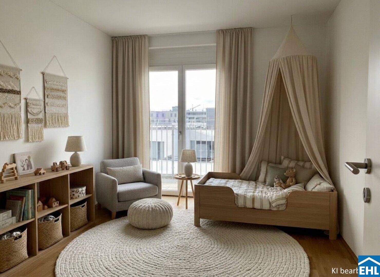 Helles Kinderzimmer mit Holzbett, Teppich und Zugang zu einem französischen Balkon.