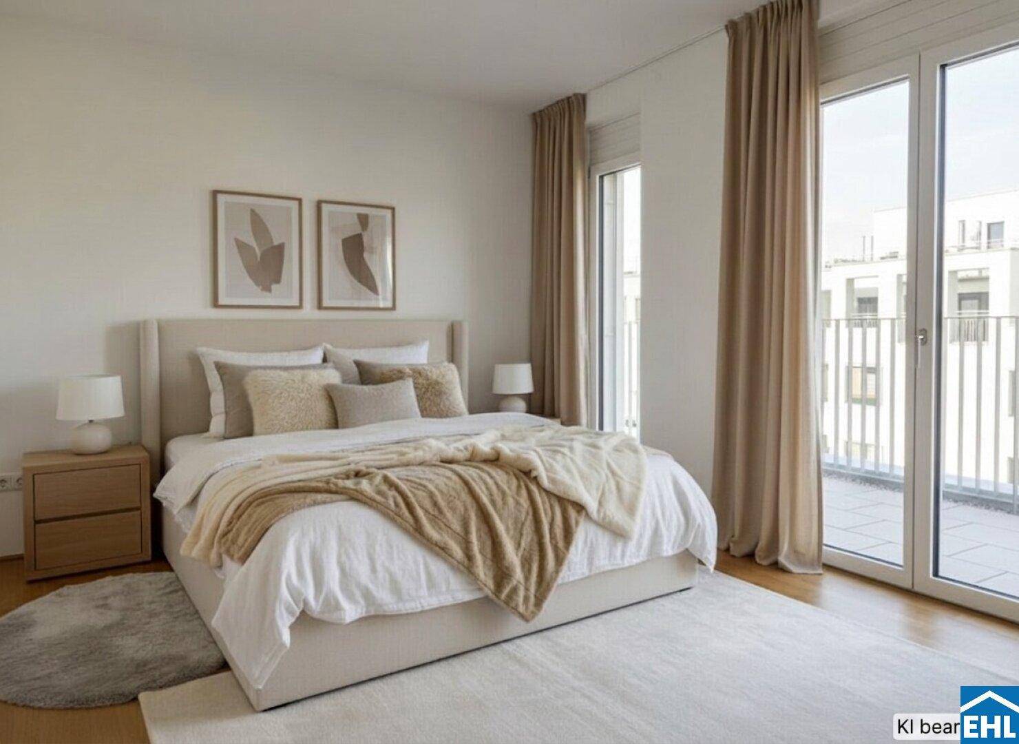 Elegantes Schlafzimmer mit Doppelbett, Nachttischen und direktem Zugang zur Dachterrasse.