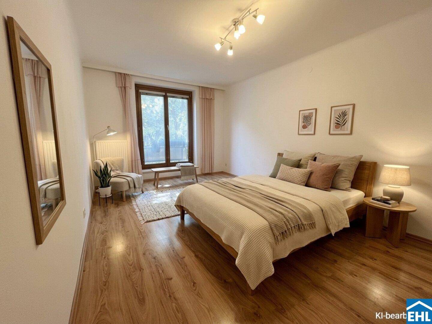 Gemütliches Schlafzimmer mit hellem Laminatboden, großem Fenster und moderner Einrichtung.