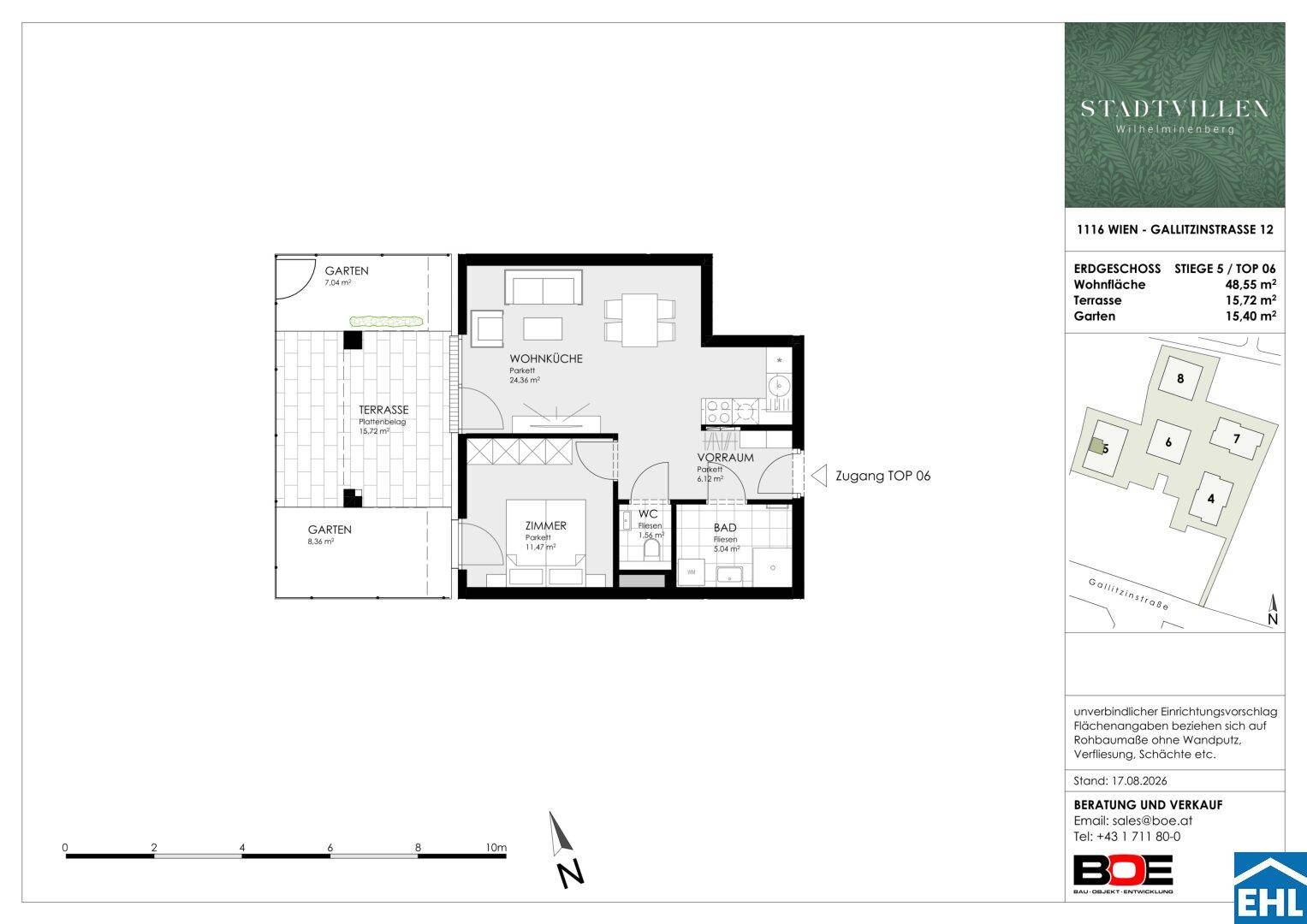 Grundriss einer Erdgeschosswohnung mit offener Wohnküche, einem Zimmer, Bad, WC, Terrasse und Garten.