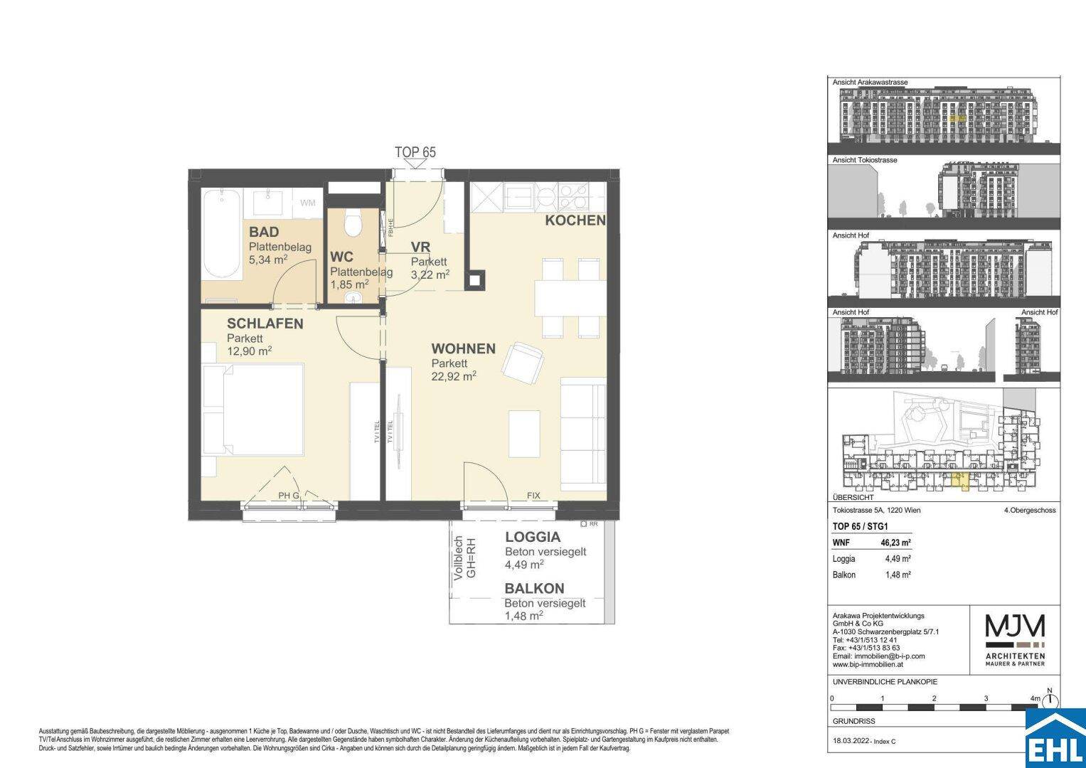Detaillierter Grundriss einer Wohnung mit Schlafzimmer, Wohnbereich, Küche, Bad und Loggia.