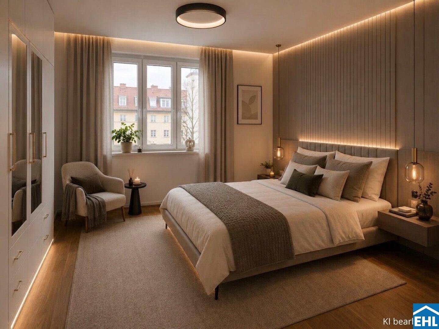 Modernes Schlafzimmer mit großem Bett, integrierter Beleuchtung und stilvoller Wandverkleidung.