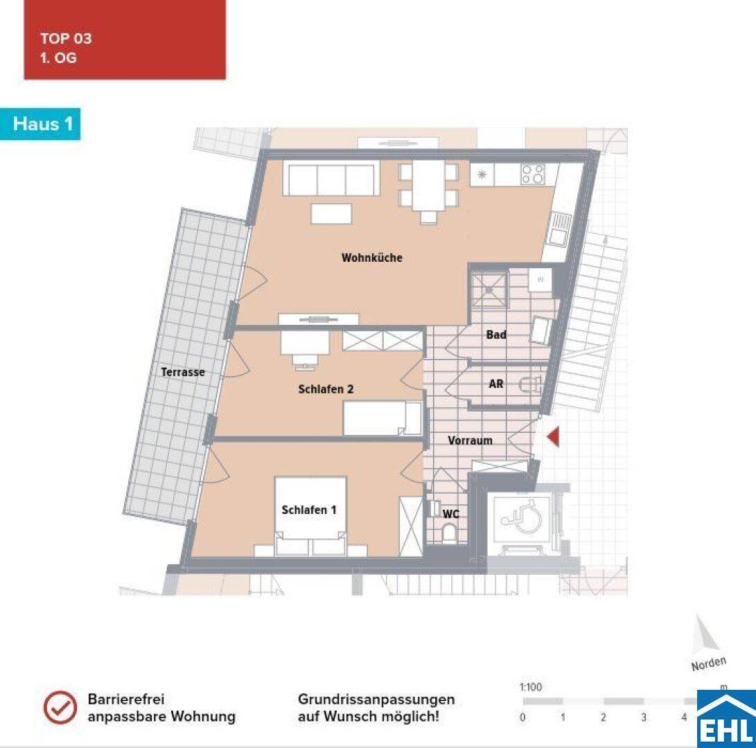Grundriss einer barrierefreien Wohnung mit offener Wohnküche, zwei Schlafzimmern, Bad, separatem WC und großer Terrasse.