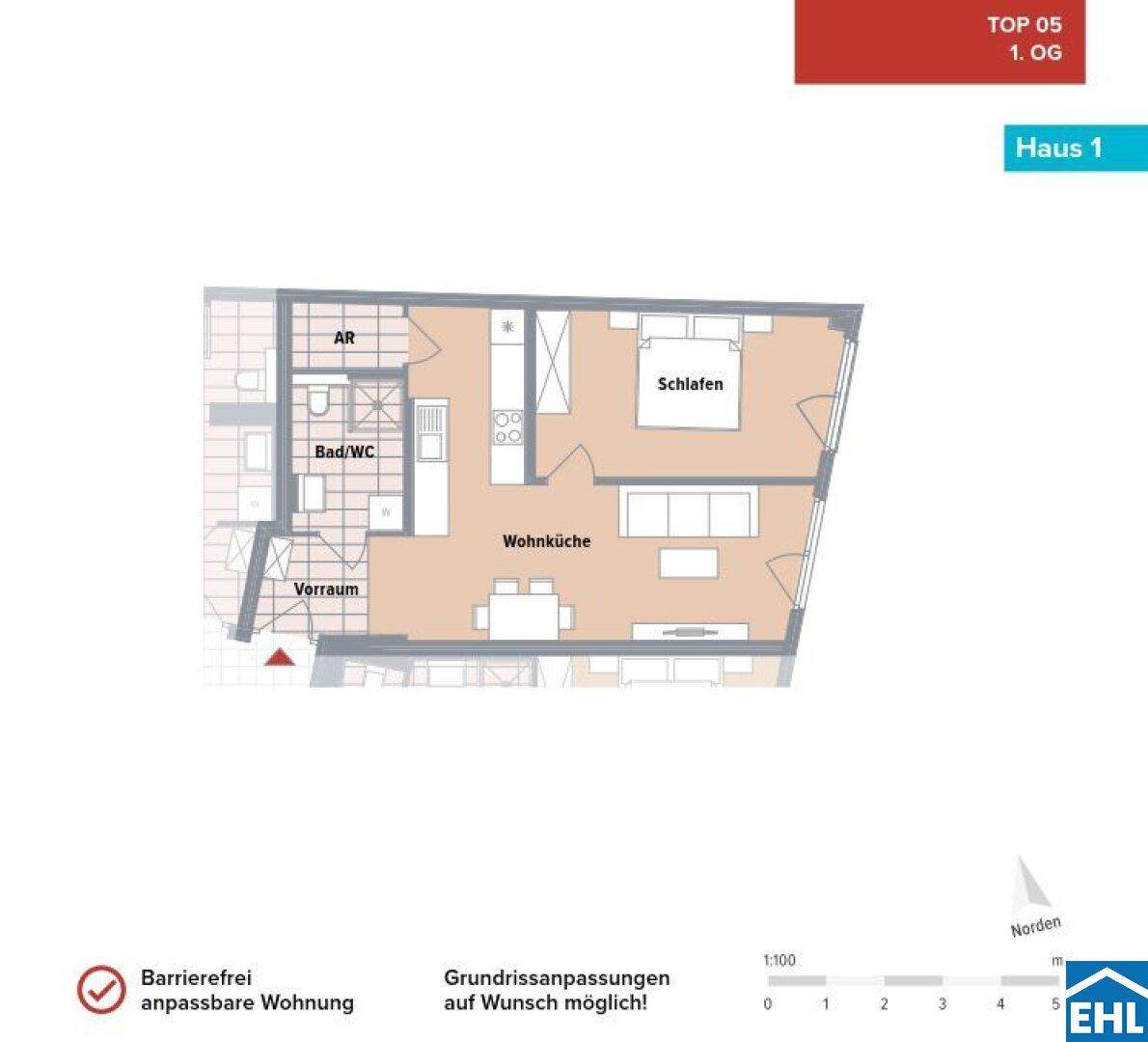 Grundriss einer barrierefreien Wohnung mit einem Schlafzimmer, offener Wohnküche und Badezimmer mit Dusche.