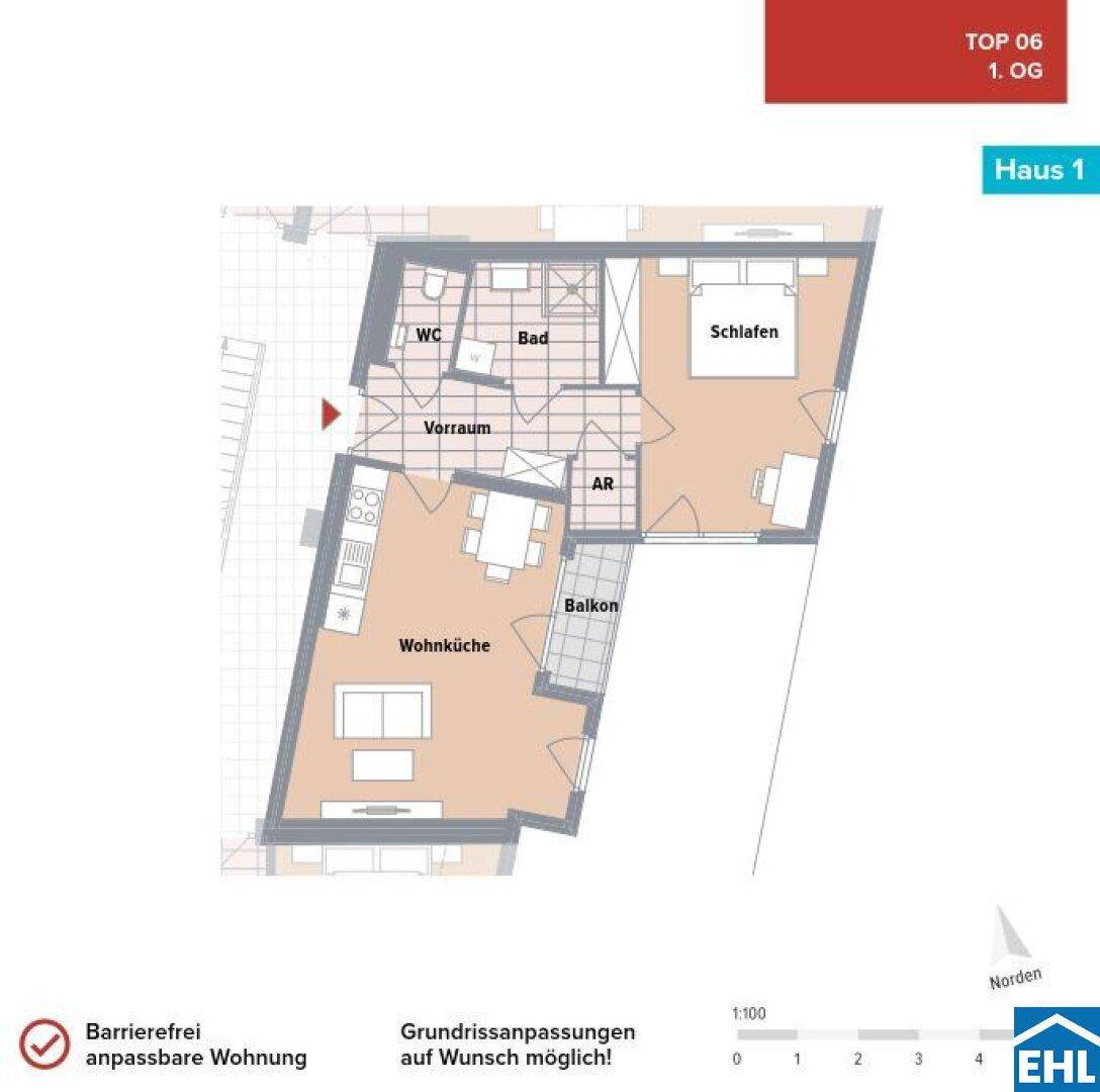 Grundriss einer Wohnung mit offener Wohnküche, Schlafzimmer, Bad, separatem WC und Balkon.