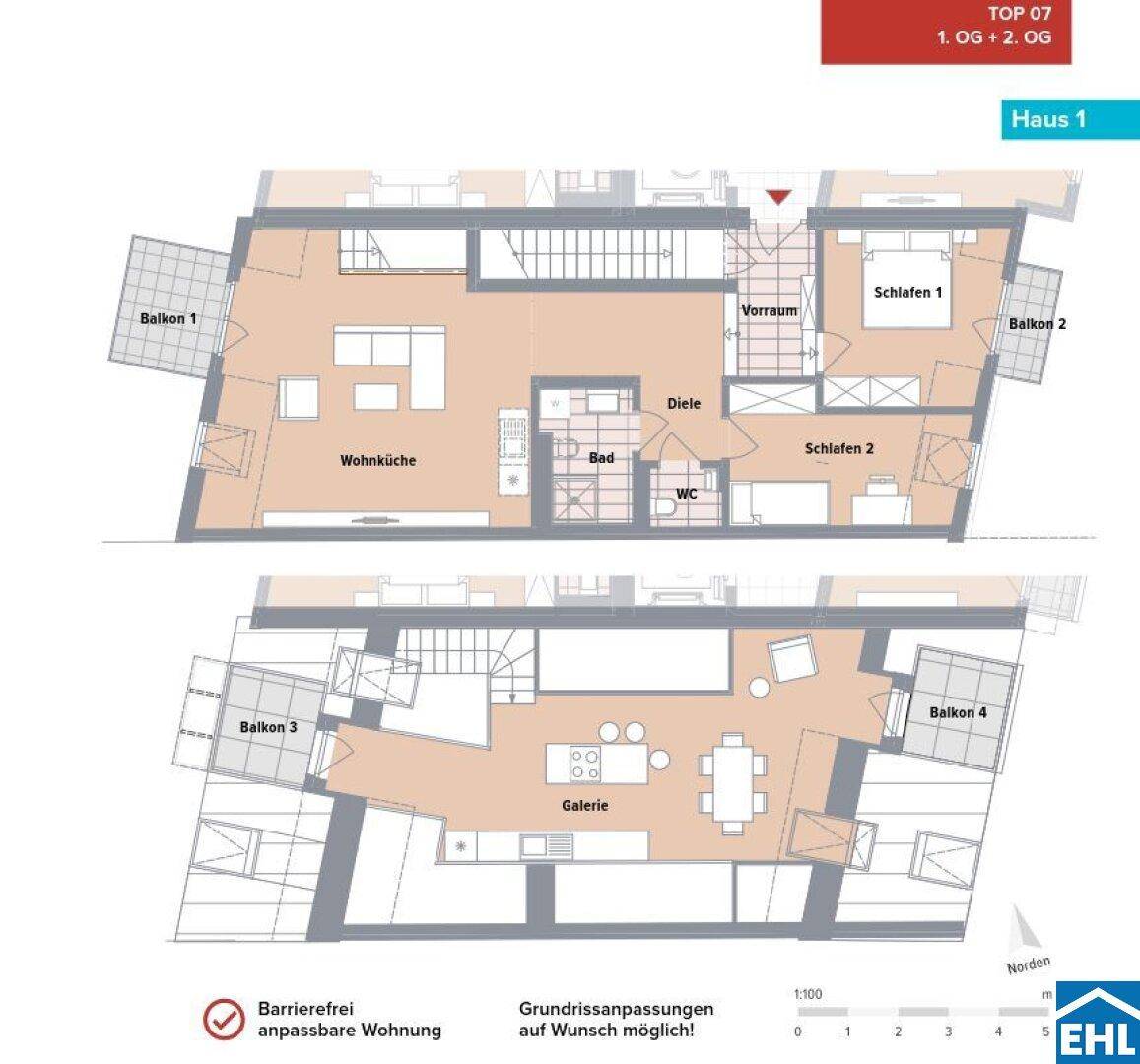 Grundriss einer Maisonette-Wohnung über zwei Etagen mit offener Wohnküche, zwei Schlafzimmern und mehreren Balkonen.