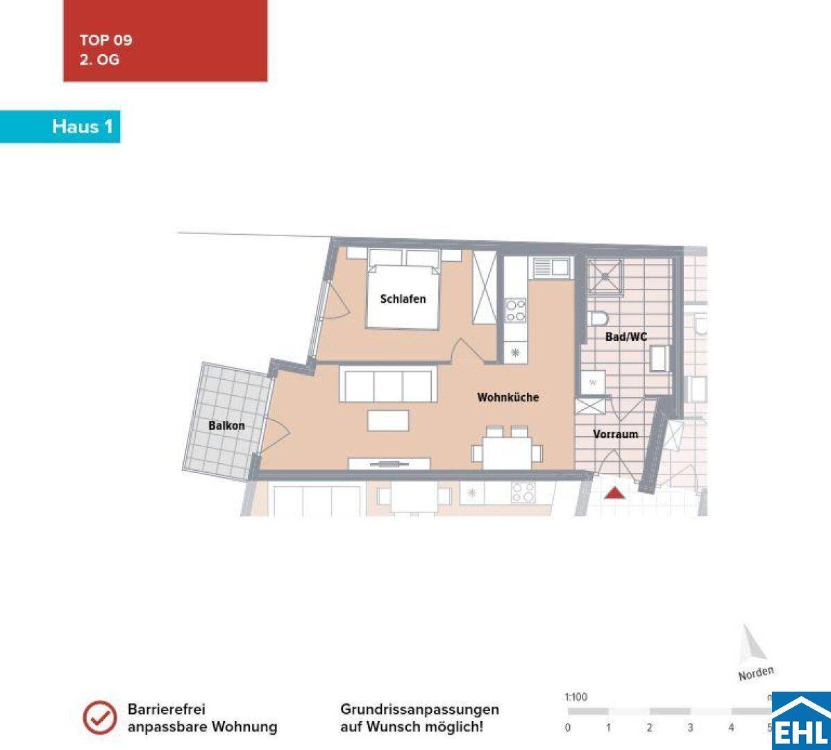 Grundriss einer barrierefrei anpassbaren Wohnung mit offenem Wohnküchenbereich, Schlafzimmer und Balkon.