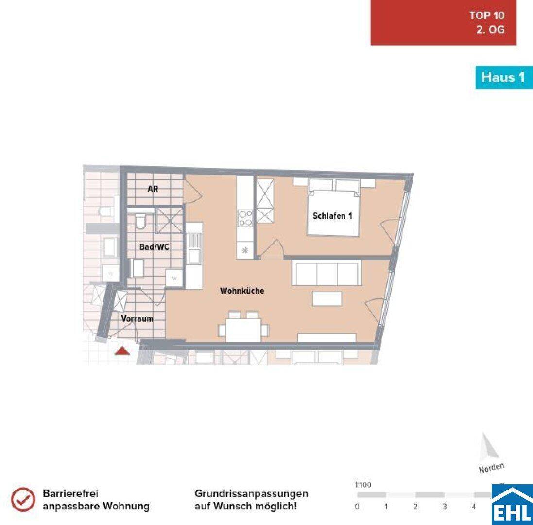 Grundriss einer barrierefrei anpassbaren Wohnung mit offener Wohnküche, Schlafzimmer und Bad/WC.