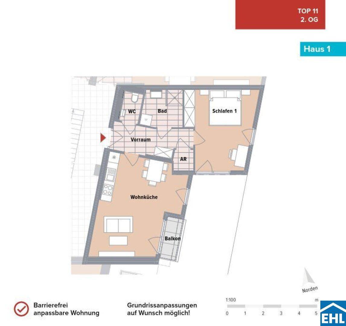 Grundriss einer barrierefreien Wohnung mit offener Wohnküche, Schlafzimmer, Bad, separatem WC und Balkon.