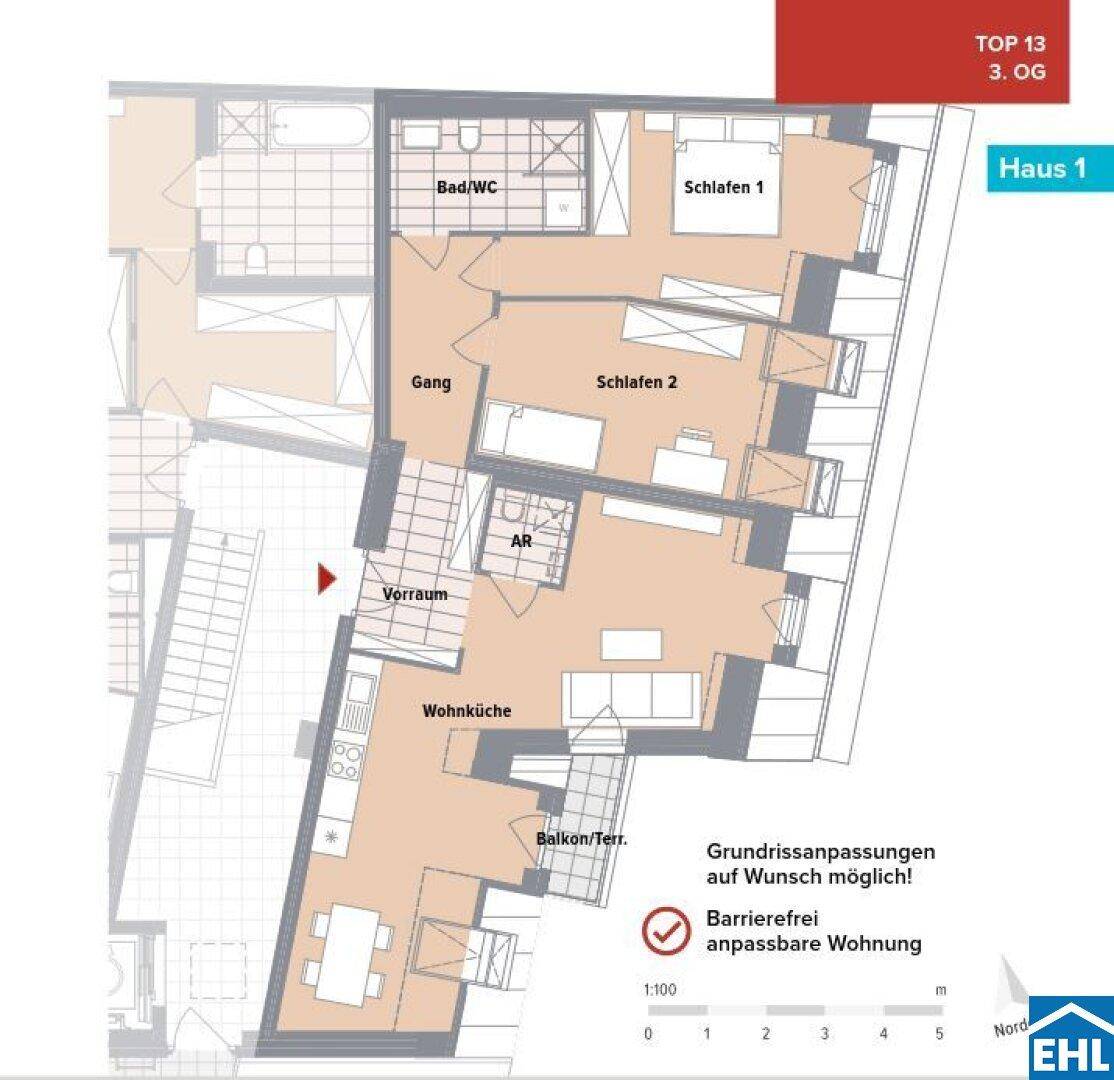 Grundriss einer barrierefrei anpassbaren Wohnung mit zwei Schlafzimmern, offener Wohnküche und Zugang zu Balkon oder Terrasse.