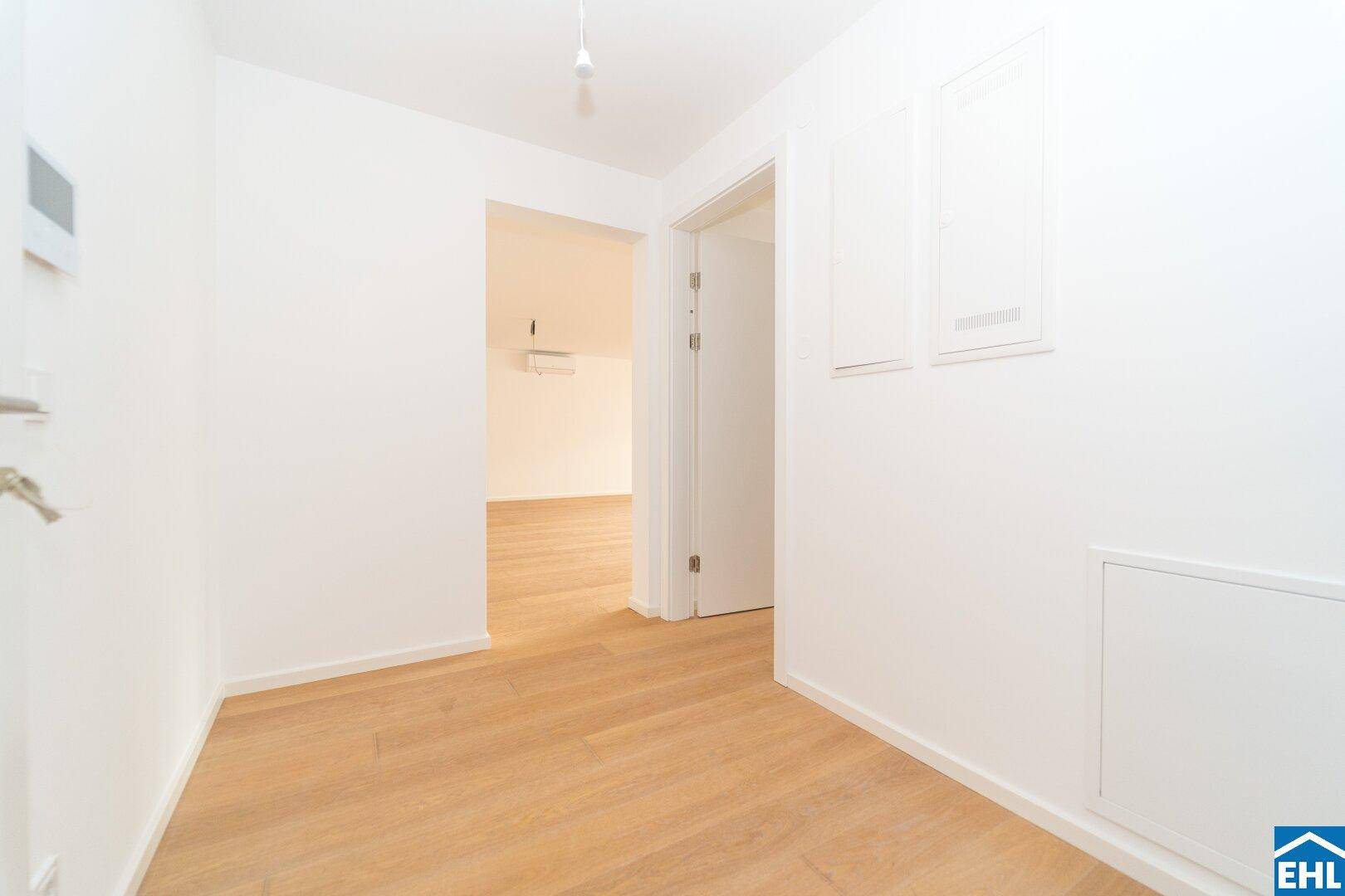 Heller Eingangsbereich mit Holzboden und Zugang zu weiteren Räumen der Wohnung.