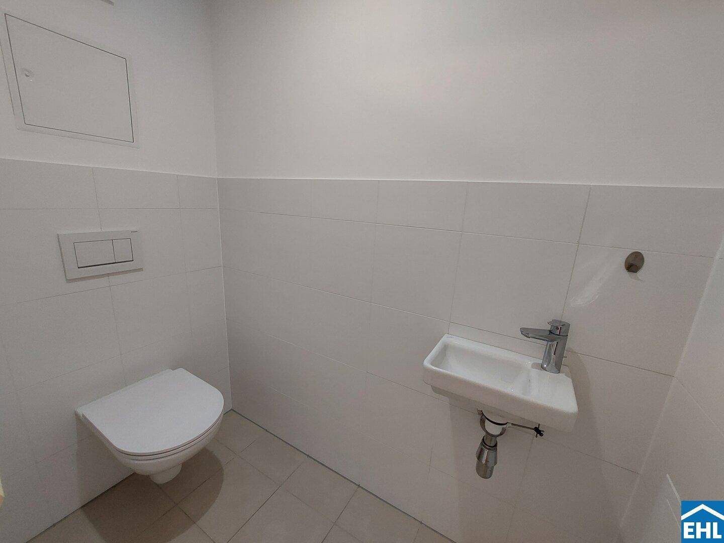 Kleines Gäste-WC mit wandhängender Toilette und einem kompakten Waschbecken.