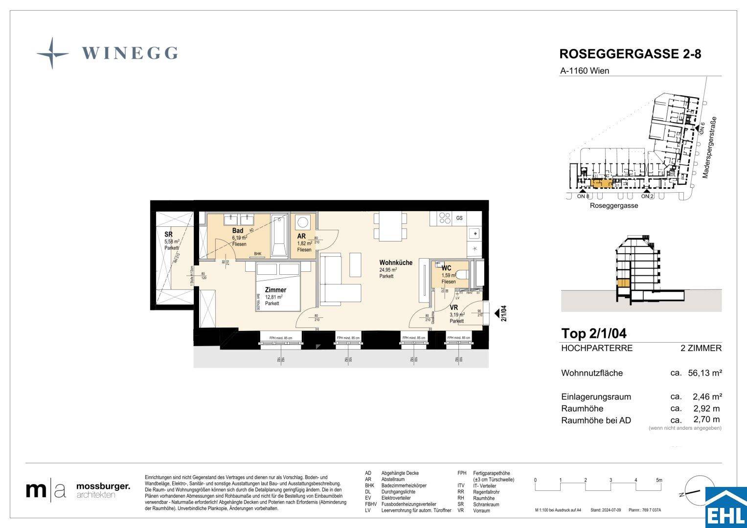 Grundriss einer 2-Zimmer-Wohnung mit offener Wohnküche, separatem Schlafzimmer, Bad und WC.
