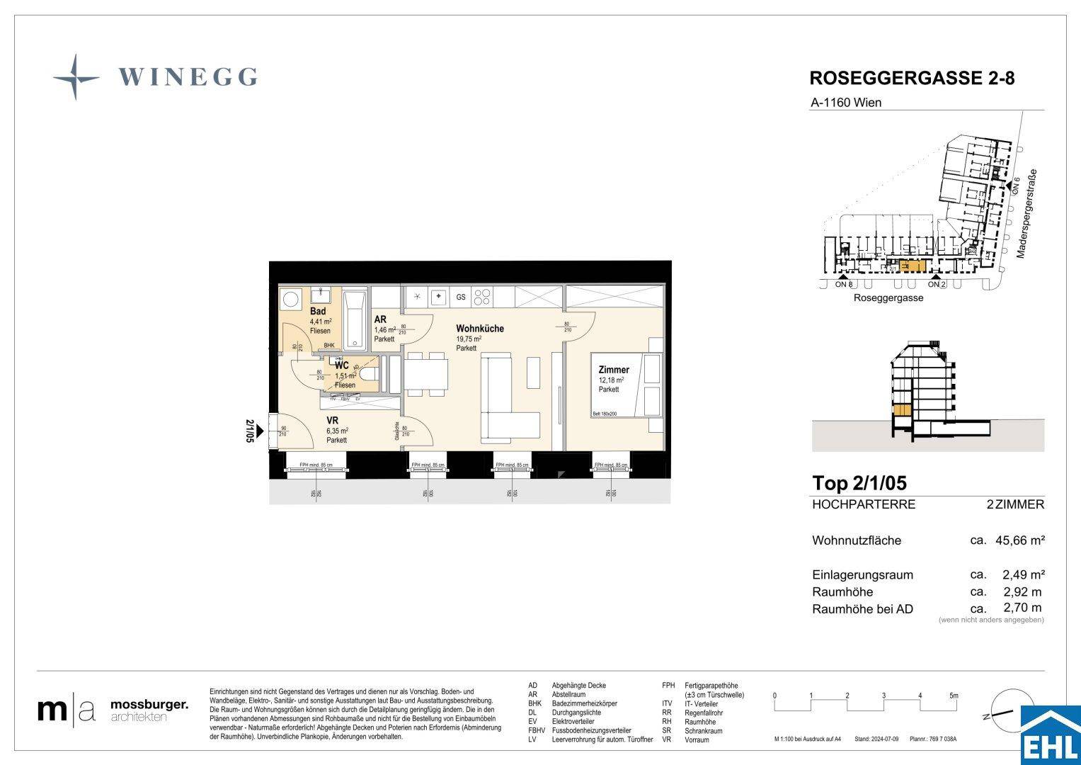 Grundriss einer 2-Zimmer-Wohnung mit offener Wohnküche, separatem Schlafzimmer und Balkon.