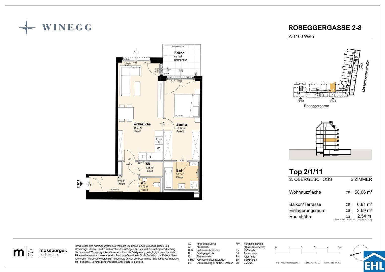 Grundriss einer 2-Zimmer-Wohnung mit offener Wohnküche, separatem WC und Balkon.
