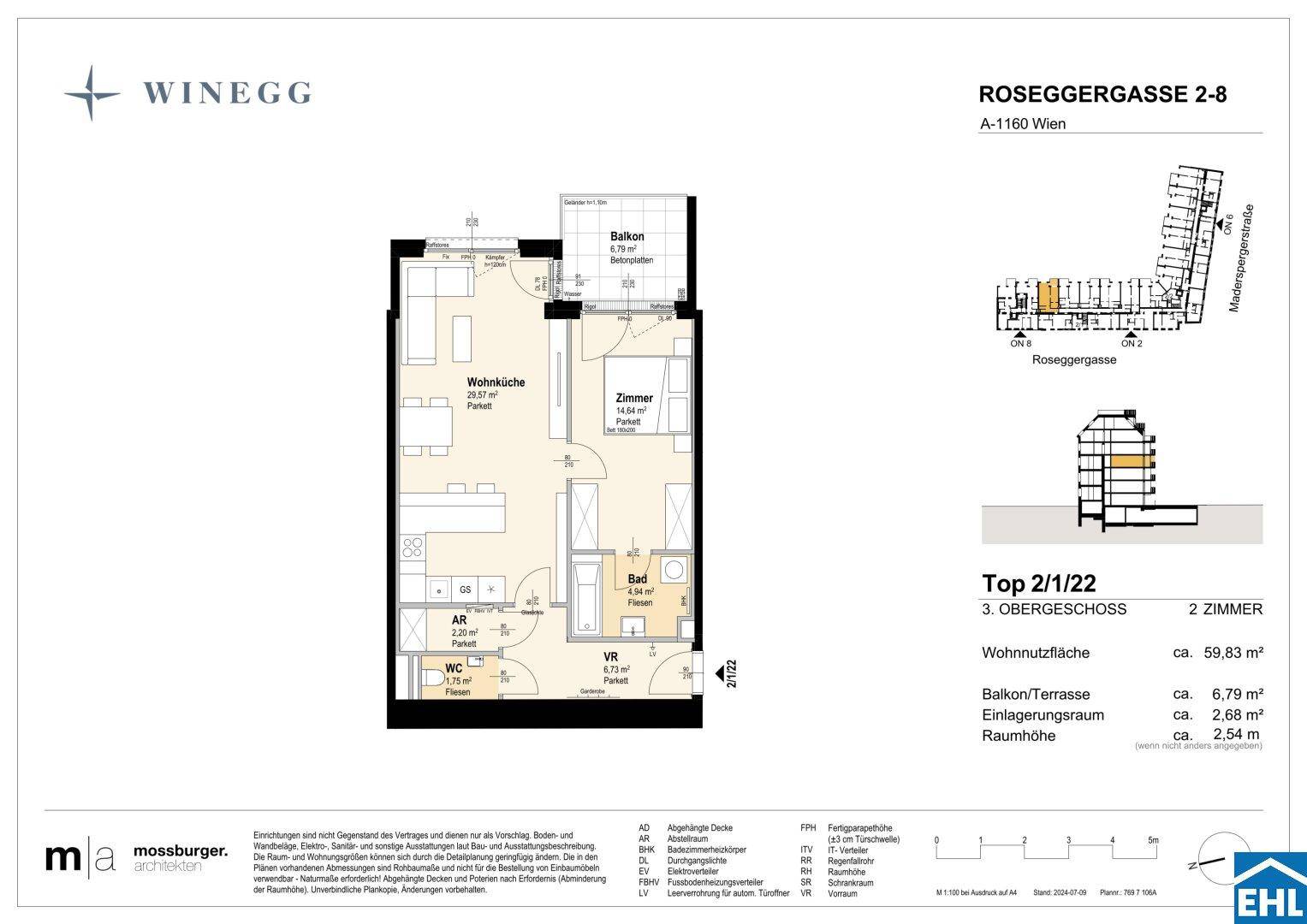 Grundriss einer modernen Wohnung im dritten Obergeschoss mit offener Wohnküche, einem Schlafzimmer, Bad, separatem WC und Balkon.
