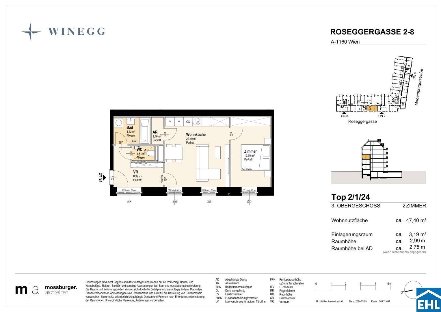 Grundriss einer 2-Zimmer-Wohnung mit offener Wohnküche, Schlafzimmer, Bad und separatem WC.