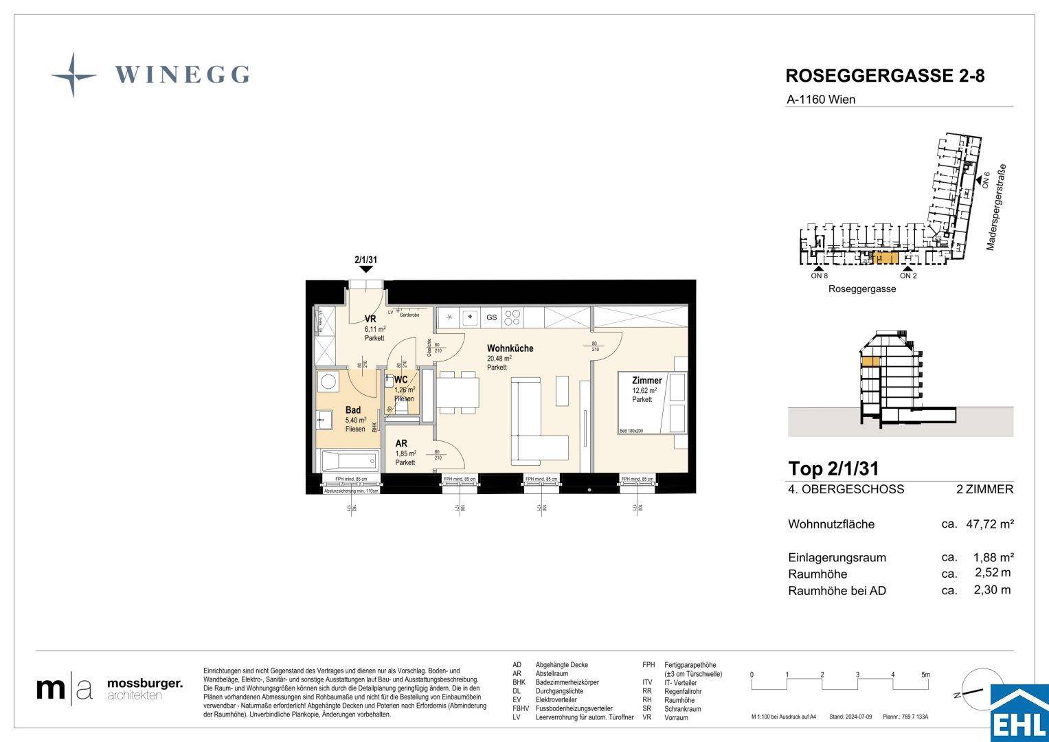 Grundriss einer modernen Wohnung mit offener Wohnküche, einem Schlafzimmer und separatem WC.