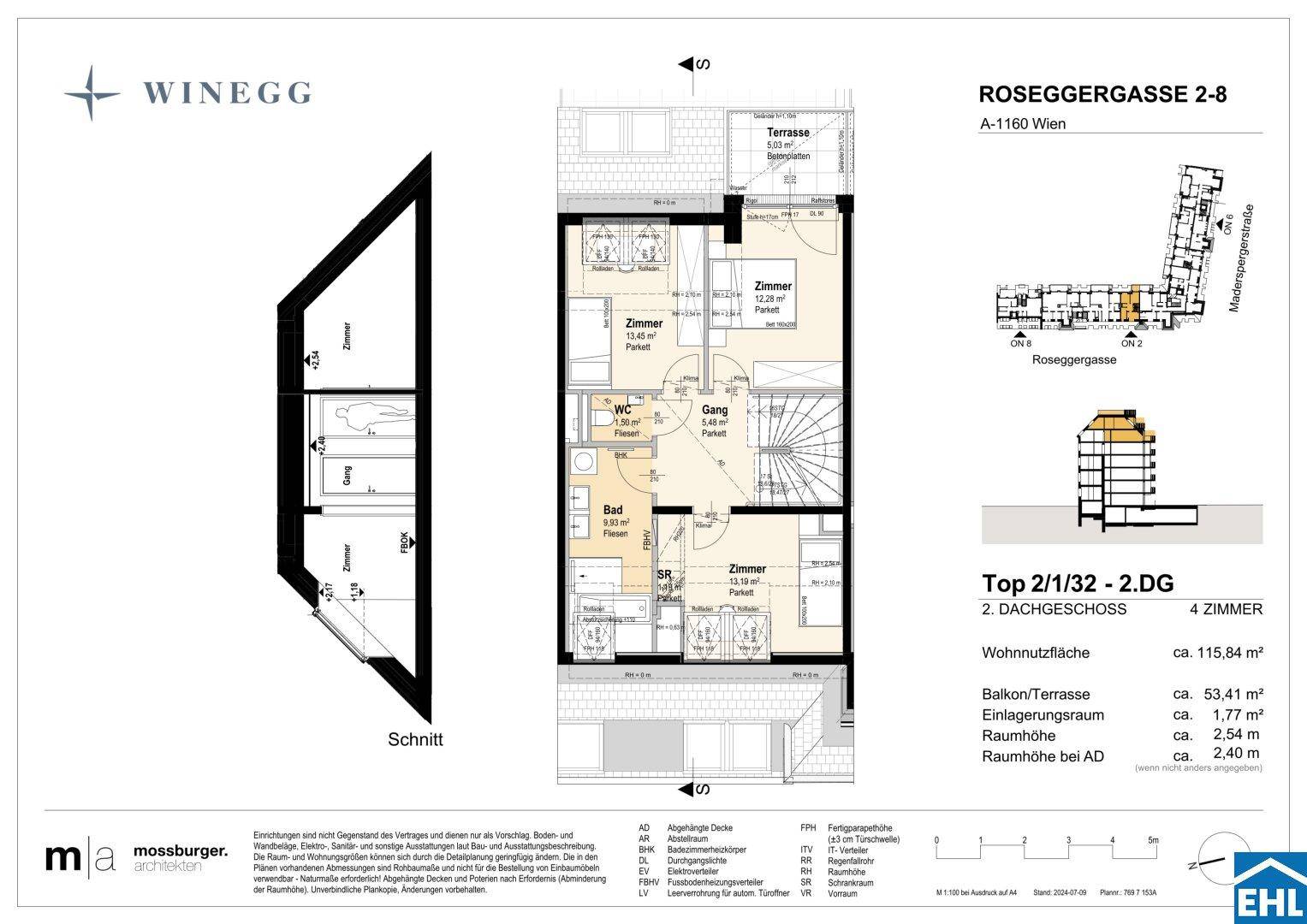 Grundriss des 2. Dachgeschosses mit Schlafzimmern, Badezimmer, WC und Zugang zur Dachterrasse.