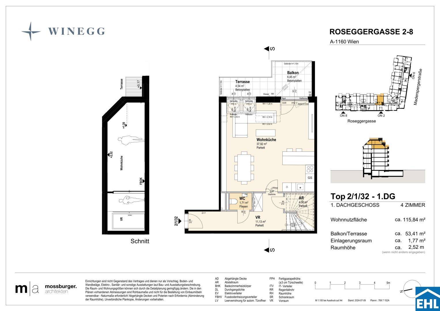 Grundriss des 1. Dachgeschosses mit offenem Wohn-Essbereich, Küche, Terrasse und Balkon.