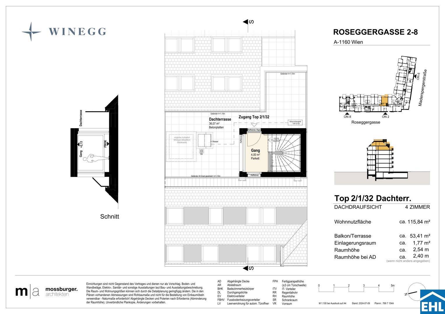 Dachaufsicht des Gebäudes mit Dachterrasse und weiteren Dachflächen, die das Anwesen umgeben.