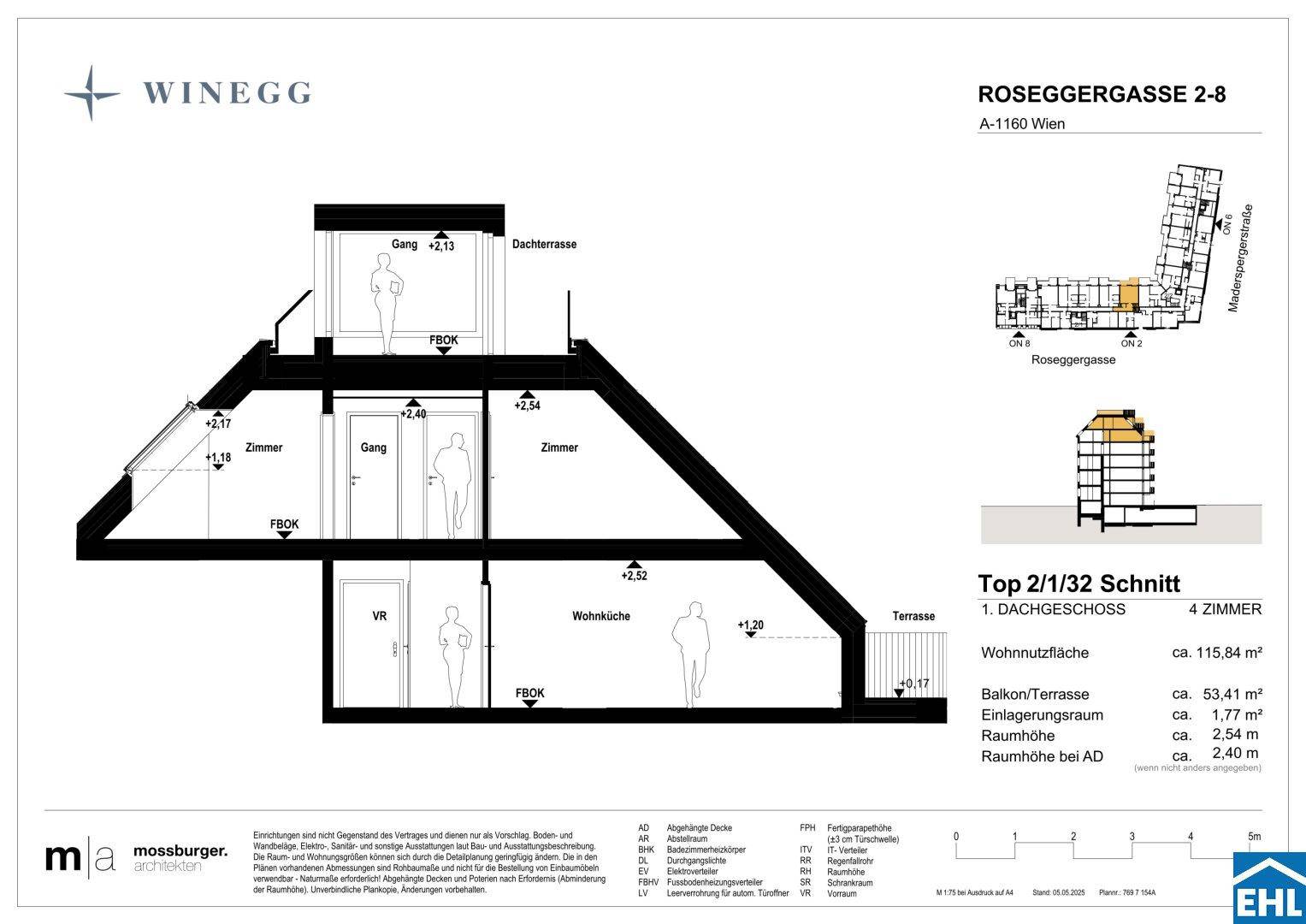 Schnittansicht des Dachgeschosses zeigt Wohnbereich, Zimmer und Zugang zu einer Dachterrasse.